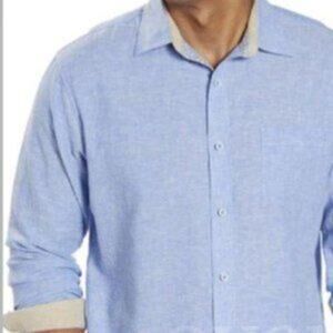 Age Of Wisdom Blue Natural Casual Linen Cotton Button Up Shirt Size M